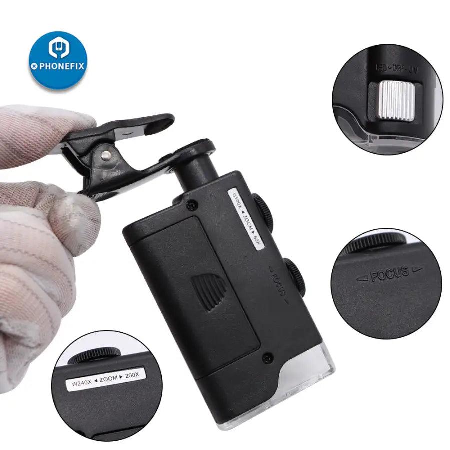 Mini Phone Clip Microscope 60X Pocket Magnifying Glass LED UV Light - CHINA PHONEFIX